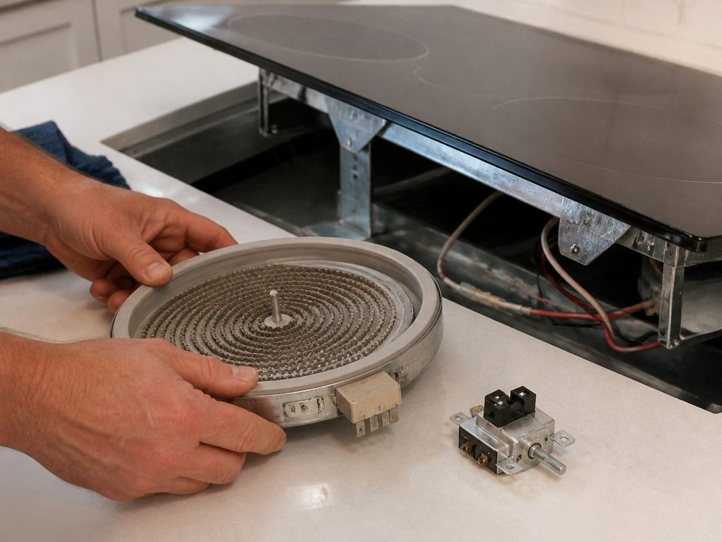 "A radiant cooktop element and its infinite switch lying on a pale counter beside a lifted ceramic cooktop surface, wiring visible below" — the element AND the switch behind it, which is exactly the pair this page separates. A parts-on-a-counter close-up, not a kitchen