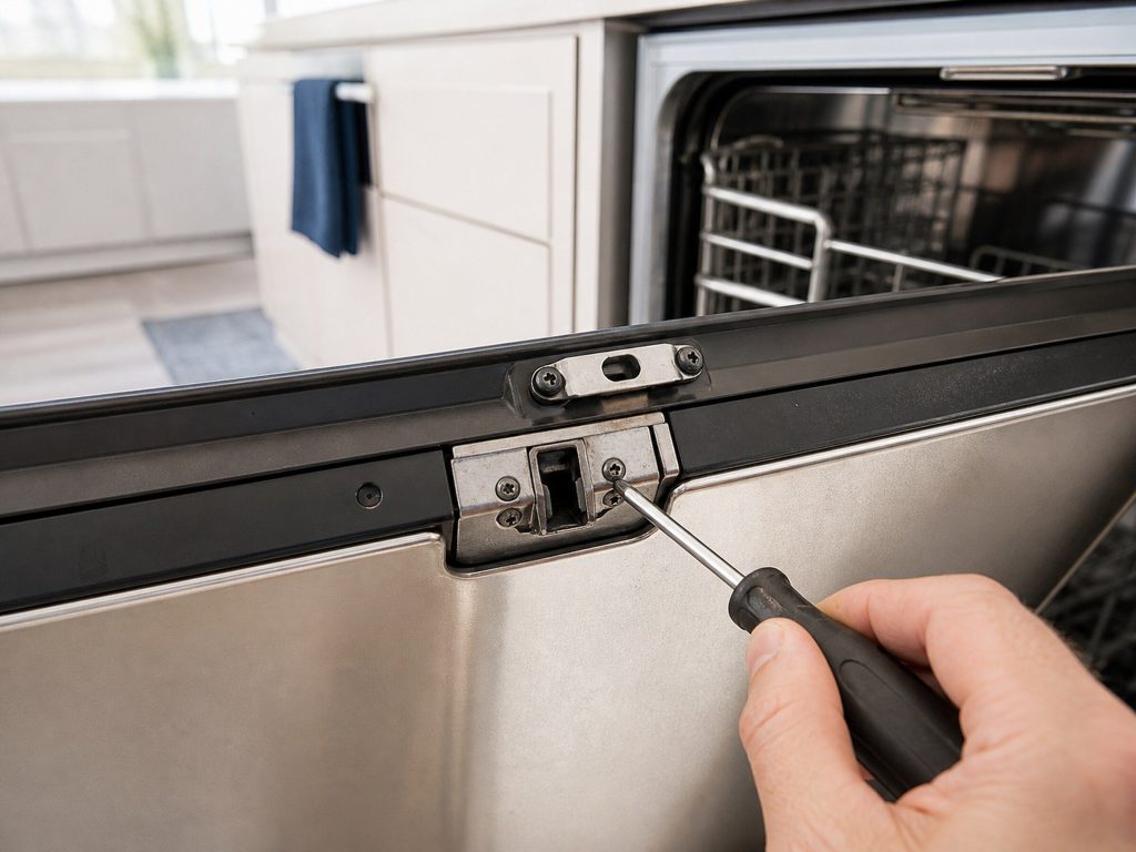 "A close view of the latch and strike at the top of an open dishwasher door, a screwdriver resting against it" — the latch and the switch it carries, which is this page's whole point. A tight close-up, so the donor's daylight room is not in it