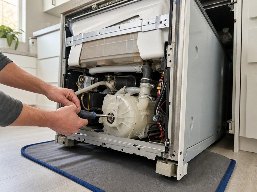 "A dishwasher pulled out from under a counter onto a protective mat, laid partly on its side with the base panel off and the pump housing visible" — the end of the order this page works through, when the hose and the filter have been ruled out