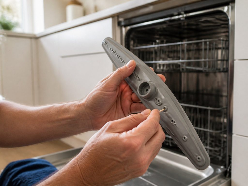 "A dishwasher spray arm lifted out and held up to daylight, a hand clearing one of its jets, the open machine behind" — spray arms first, which is the order this page works in, and the smallest average repair on the page