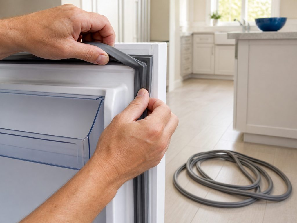 "Two hands fitting a new rubber gasket into the channel around a refrigerator door, the old gasket coiled on the floor beside" — a cheap part and a fussy fitting, which is this page's first sentence, and the frame is the fitting rather than the kitchen