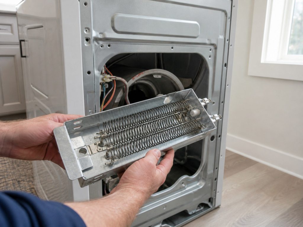 "A dryer heating element coil in its metal housing held in two hands over an open dryer back panel, the machine pulled out from the wall" — the element in its housing, which is where the thermal cutoff sits beside it. Two hands and a part, no room in the frame