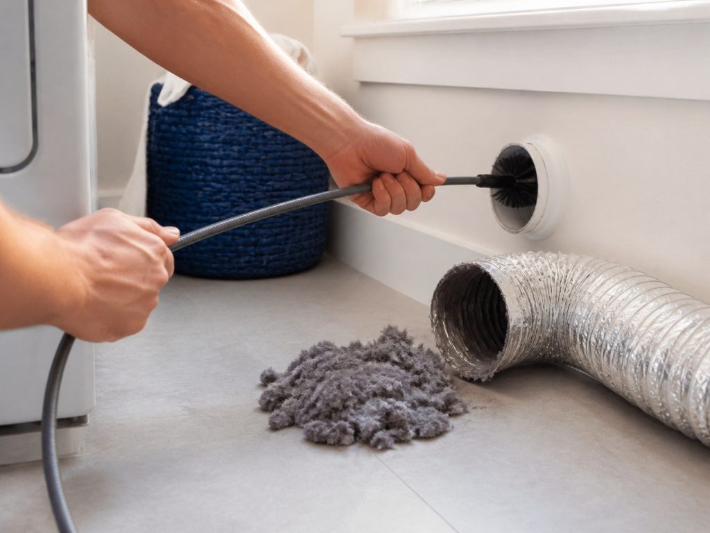 "A long flexible brush fed into a disconnected dryer duct at a wall outlet, a heap of grey lint on the floor beside it" — the fleet's own frame for this job, dark enough for harbor and so for cobalt, and the lint on the floor is the safety argument this page opens with