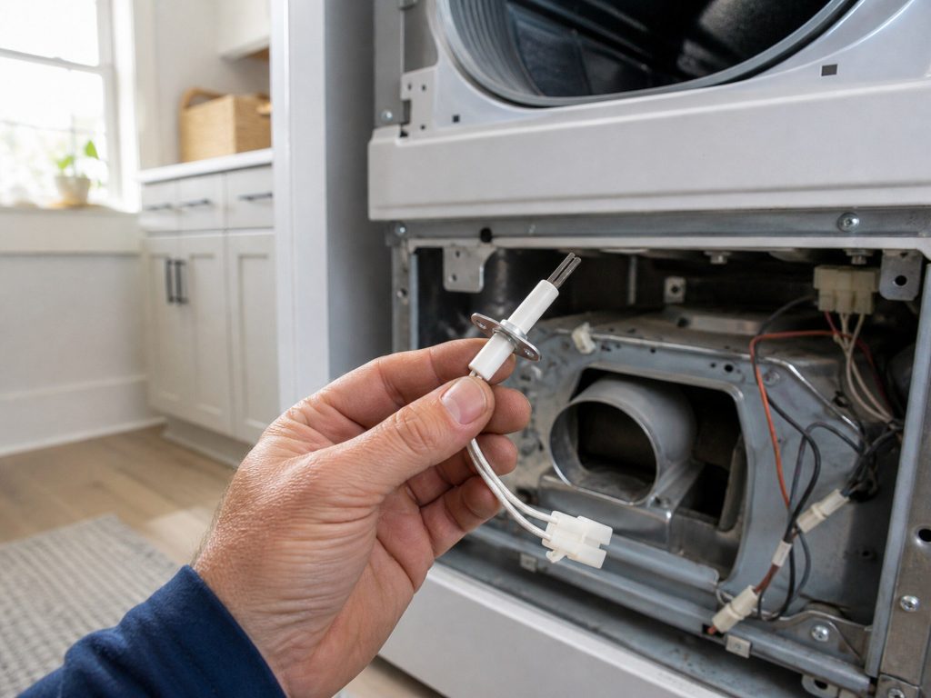 "A hand holding a small ceramic igniter in front of the open burner housing of a gas dryer, the machine pulled out" — the igniter and the burner housing, first and second on this page's short list. The frame is one hand and a burner tube, not a room