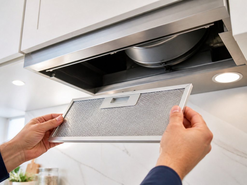 "A mesh grease filter lifted out of an UNDER-CABINET range hood, the blower housing visible in the hood above" — under-cabinet is this make's own hood line, and the fleet's other hood frames are all wall canopies with a chimney. Shot from below into the canopy, so the donor's daylight is behind the camera