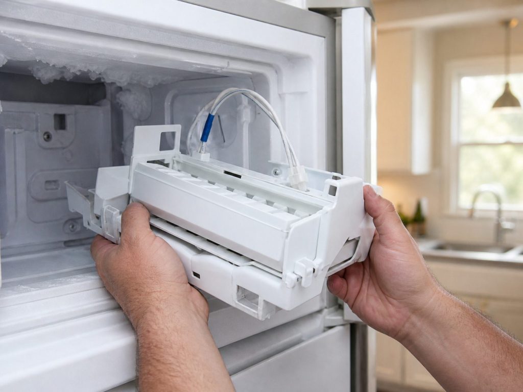 "Two hands lifting an icemaker module out of a freezer compartment, the plain plastic assembly and its wiring visible, cold light" — the self-contained module with its own motor that this page describes, and the light in the frame is the freezer's own