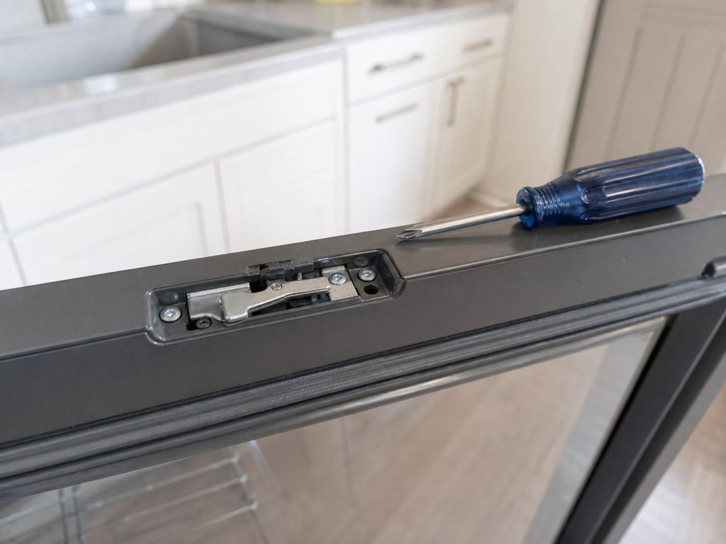"The top edge of an open oven door showing the lock latch recessed into the frame, a screwdriver resting beside it" — the lock that self-clean drives, and the part that strands the door shut
