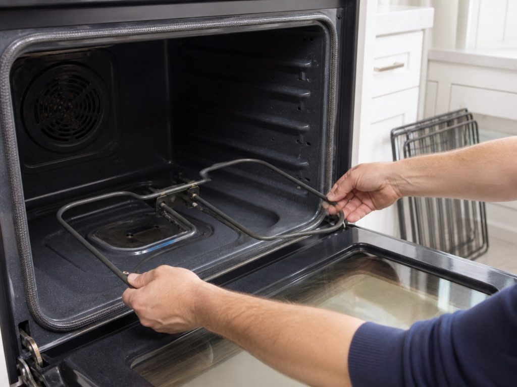 "Two hands drawing a bake element out of the floor of an oven cavity, the door open, racks removed and leaning nearby" — the bake element, which is where this page starts on the make that publishes 346 code pages across its ranges and wall ovens
