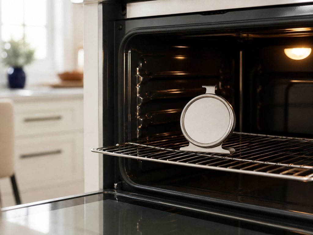 "An independent oven probe thermometer standing on the middle rack of an open oven, its dial plain and unreadable" — the measurement that settles whether an oven runs hot or cold before anybody calibrates anything. The frame is the inside of a cavity, which is dark whatever the donor's palette