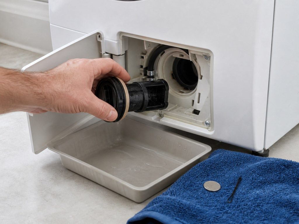 "A small access panel open at the bottom front of a white washing machine, a shallow tray catching water, a coin and a hairpin lying on a towel beside it" — about half the pumps replaced on this make did not need replacing, and the coin on the towel is why. A floor-level close-up, so the donor's bright room is out of it
