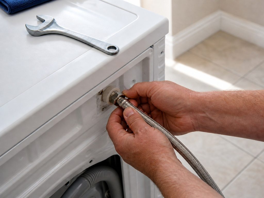 "Hands checking the braided supply hose connection at the back of a white washing machine, a spanner resting on the machine top, pale tile floor" — a leak from the BACK, one of the four locations this make publishes leak pages by, and the one an owner never looks at