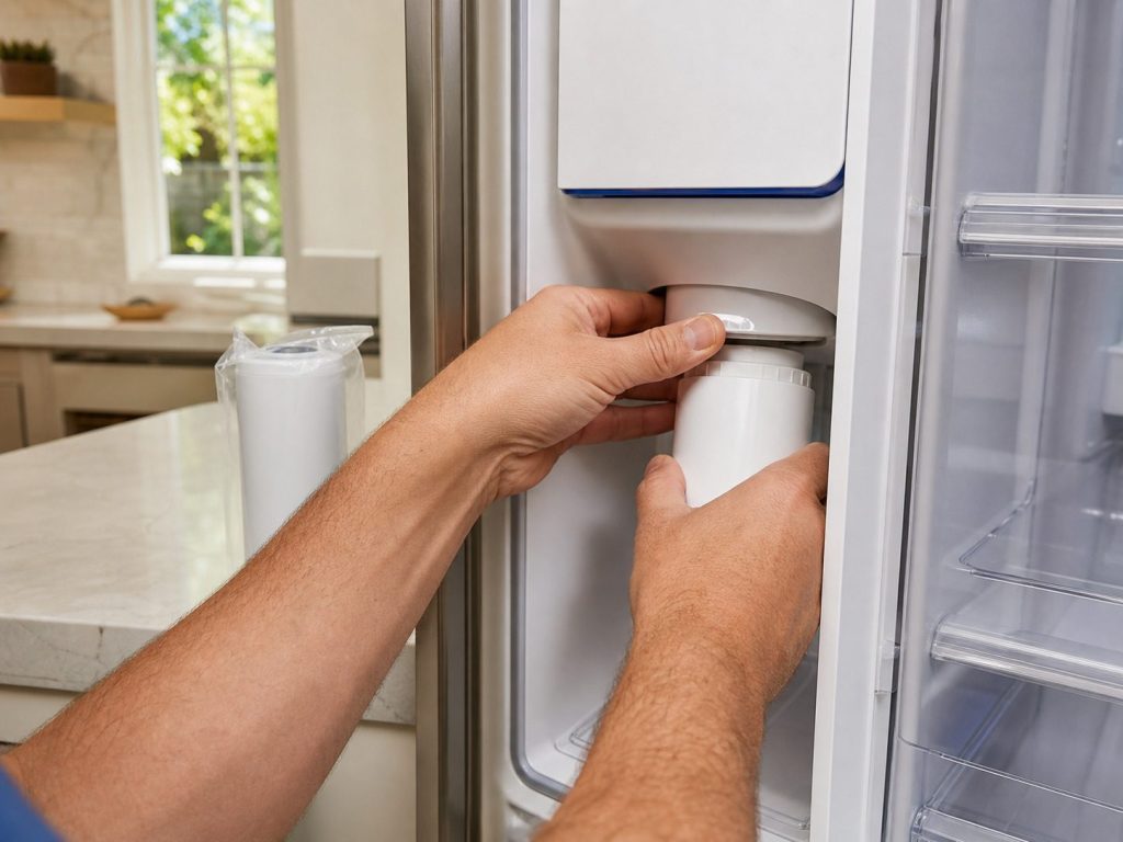 "Hands turning a cylindrical water filter cartridge into its housing inside a refrigerator, a new cartridge in its plain wrapping on the counter beside" — the filter head, which is one of the five failure points this page lists. Shot inside the cabinet, so the donor's bright kitchen is out of frame
