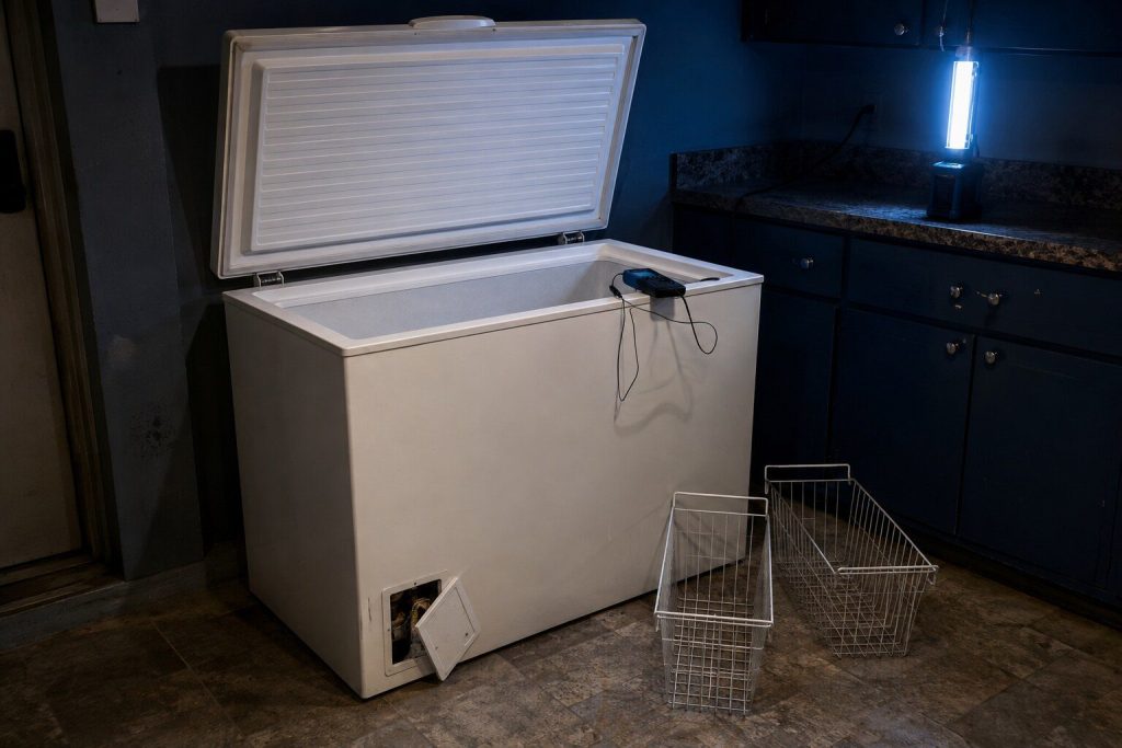 A white chest freezer standing in a garage utility corner with its lid propped fully open, two wire hanging baskets lifted out and set on the floor beside it, the thermostat access cover unscrewed and hanging away from the front corner, a multimeter and a temperature probe lying on the lip of the cabinet.