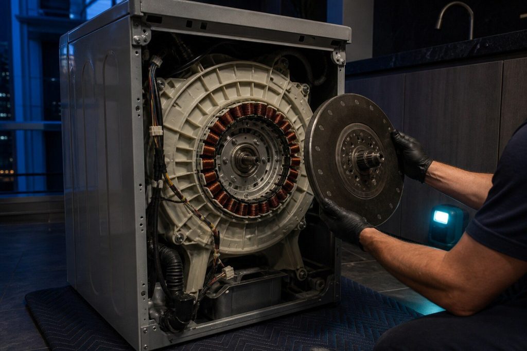 "A large flat magnet rotor lifted off the back of a washing machine's outer tub ... the ring of stator windings still bolted to the tub behind it" — direct drive is literally what this make's top loaders are
