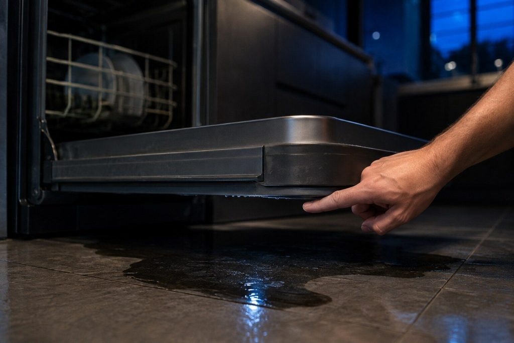 "A finger tracing a wet line along the bottom edge of an open dishwasher door where the seal meets the tub, a dark puddle on the tile below" — the door gasket, first on this page's own list