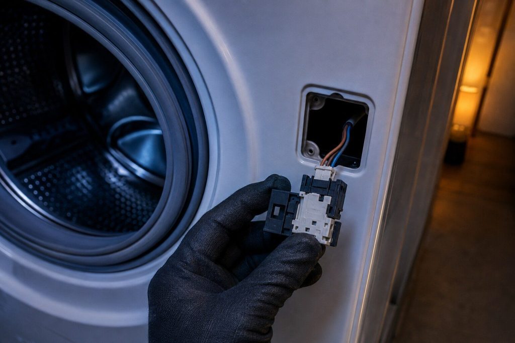 "The door interlock switch of a front load washer pulled out of its recess in the front panel and held in gloved fingers with its harness still plugged in"