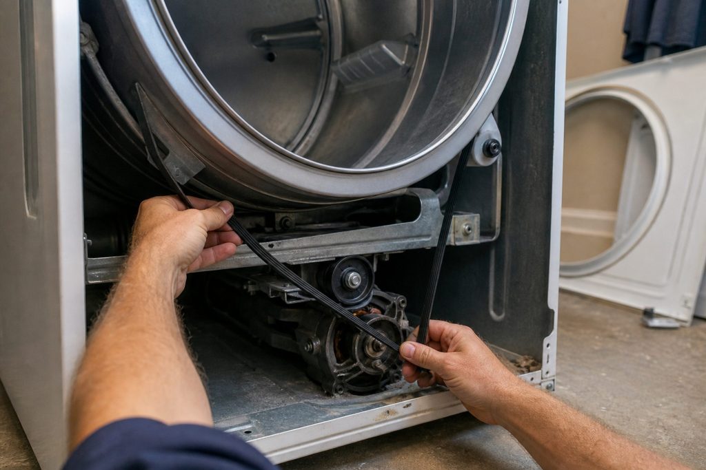 "Drum rollers and the belt off a dryer" — the two parts this page separates, a hum without rotation and a rumble with it