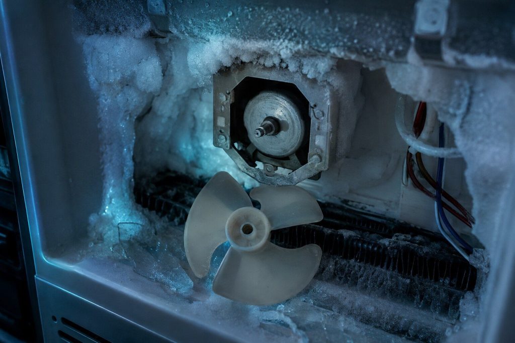 "A small plastic fan blade lifted off its motor shaft inside an opened freezer back panel, the motor still in its bracket behind, ice around the housing"