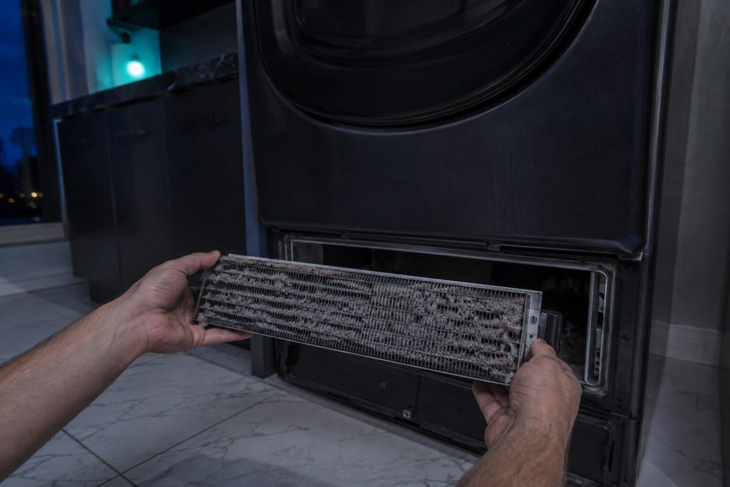 "A dense finned condenser block slid out of the hatch at the bottom front of a ventless dryer and held clear in both hands, lint packed between its fins" — the ventless machine a condominium buys when there is nowhere to put a duct
