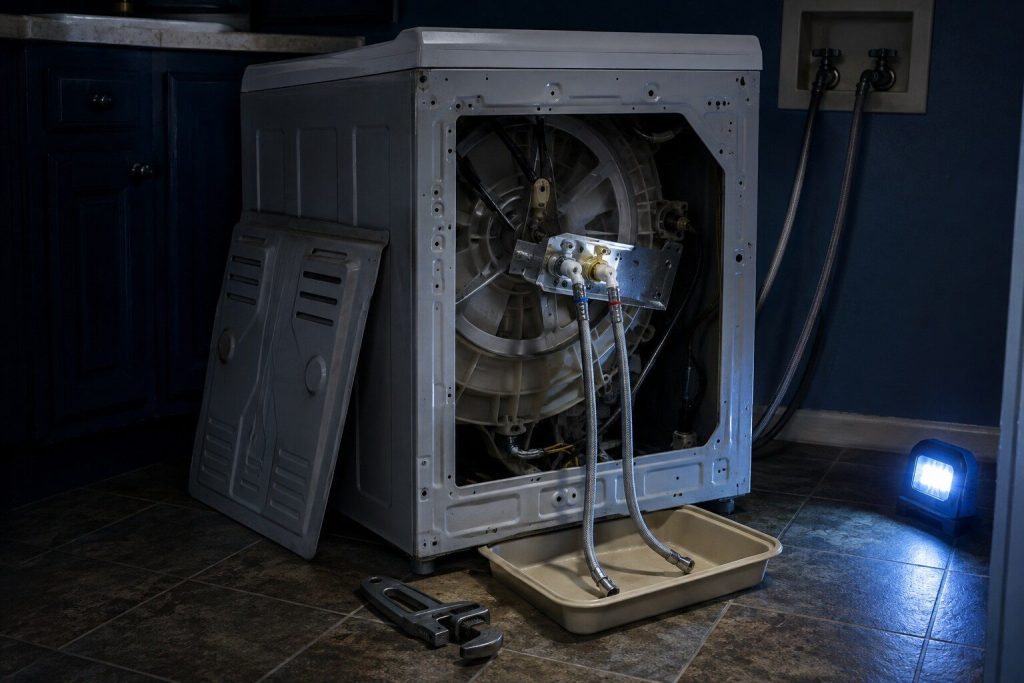 A washing machine pulled out from the wall and its upper rear panel removed, the water inlet valve drawn out of the cabinet on its bracket with both braided supply hoses unscrewed and hanging down into a shallow tray, a hose wrench lying on the floor beside it.