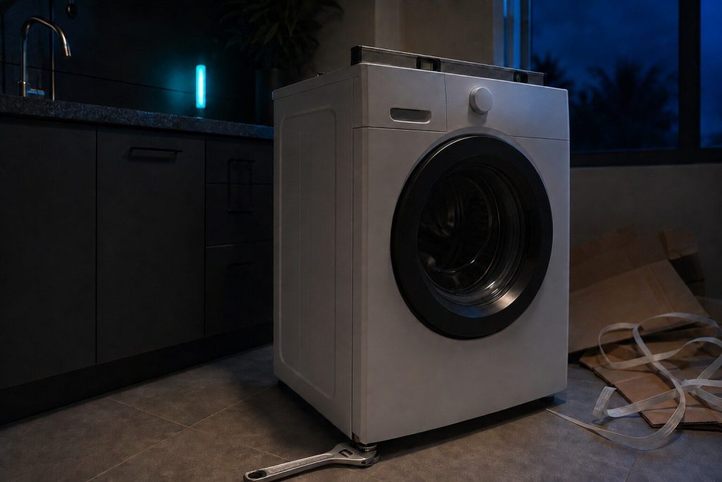 "A wrench on the adjustable foot of a newly delivered washing machine with a spirit level lying on top of the cabinet" — the floor half of the page's own question, load or floor