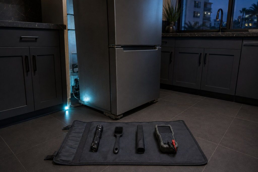 "A rolled tool mat opened on a dark tile floor in front of a refrigerator pulled out from the wall, a torch, a brush, a vacuum crevice tool and a meter laid out on it in a row"