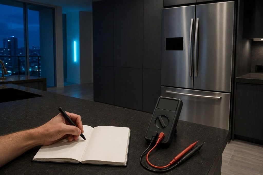 "A multimeter and a small open notebook with a pen lying on a dark quartz counter beside an appliance whose panel is dark, a hand writing" — one visit, one answer in writing, and a dark panel is exactly this make's cold half