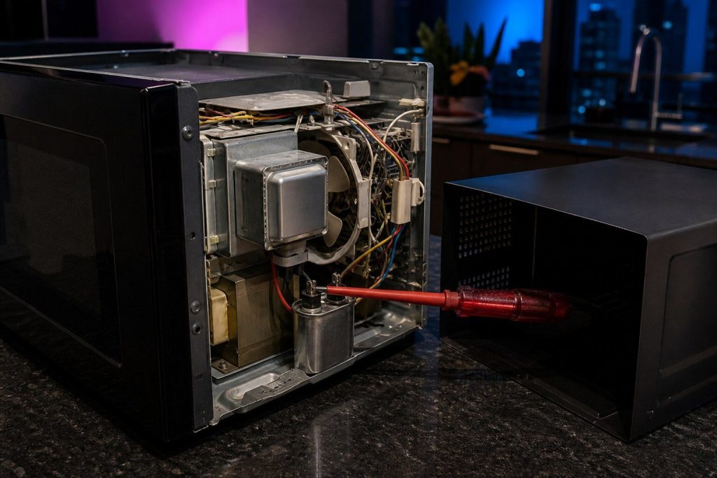 "An insulated screwdriver laid across the terminals of a high-voltage capacitor inside an opened countertop microwave cabinet" — the stored energy this page warns about, being discharged