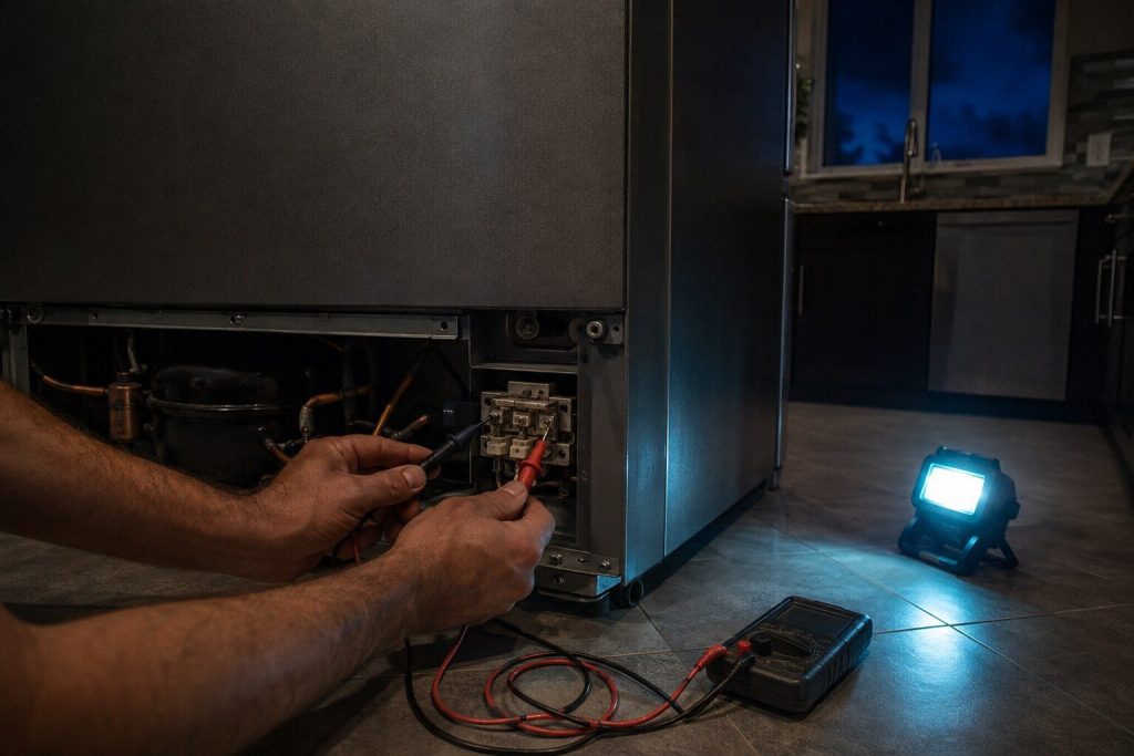 "A meter's probes held to a terminal block behind the lower rear panel of a refrigerator that has been pulled out from the wall" — this make will not name the part on a cold cabinet, so the page starts with measurement and so does the frame