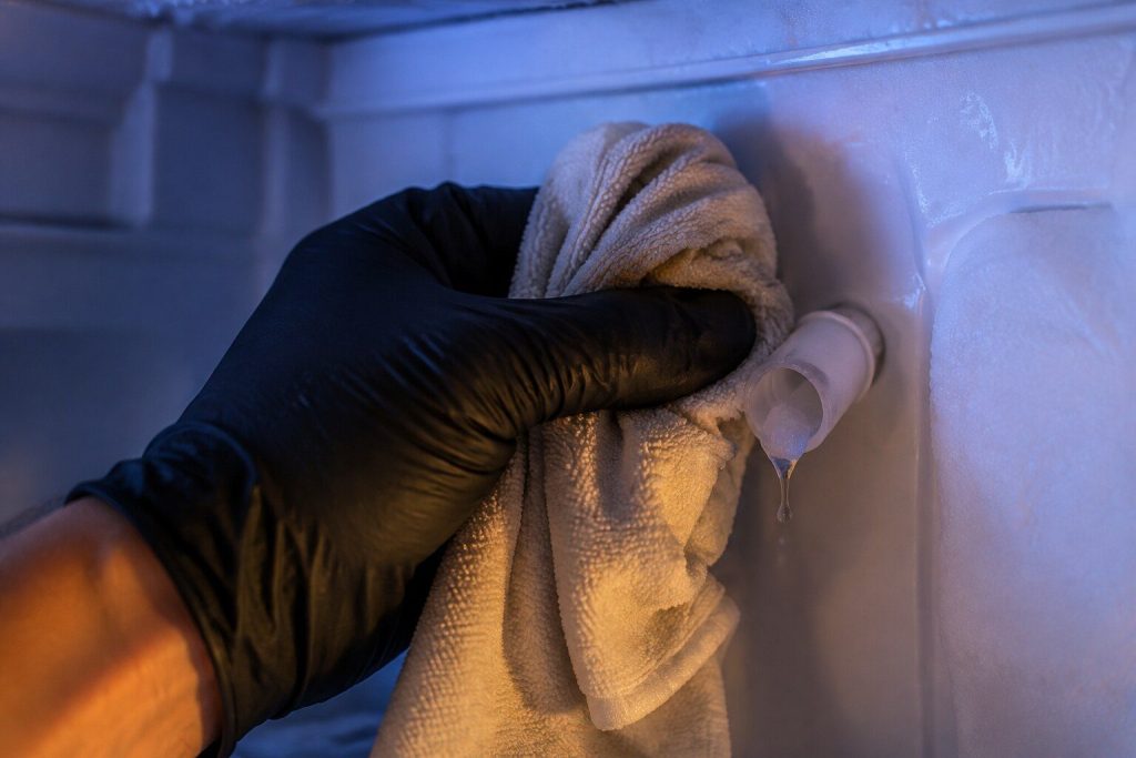 "A gloved hand holding a warm cloth around the small white fill tube at the back of a freezer wall, a plug of ice half melted at its mouth" — most ice complaints on this make are water complaints, and the fill tube is where they end