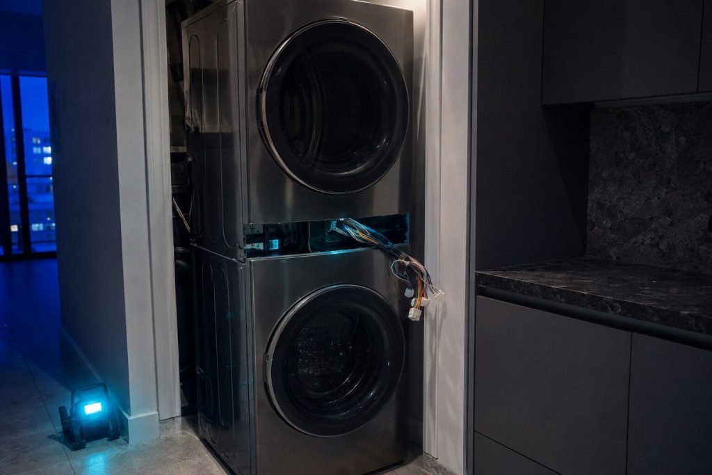 "A tall one-piece stacked laundry unit pulled forward from its closet with its central control panel band removed and a loom of wiring drawn out of the gap" — two machines behind one panel, which is the page's own first sentence