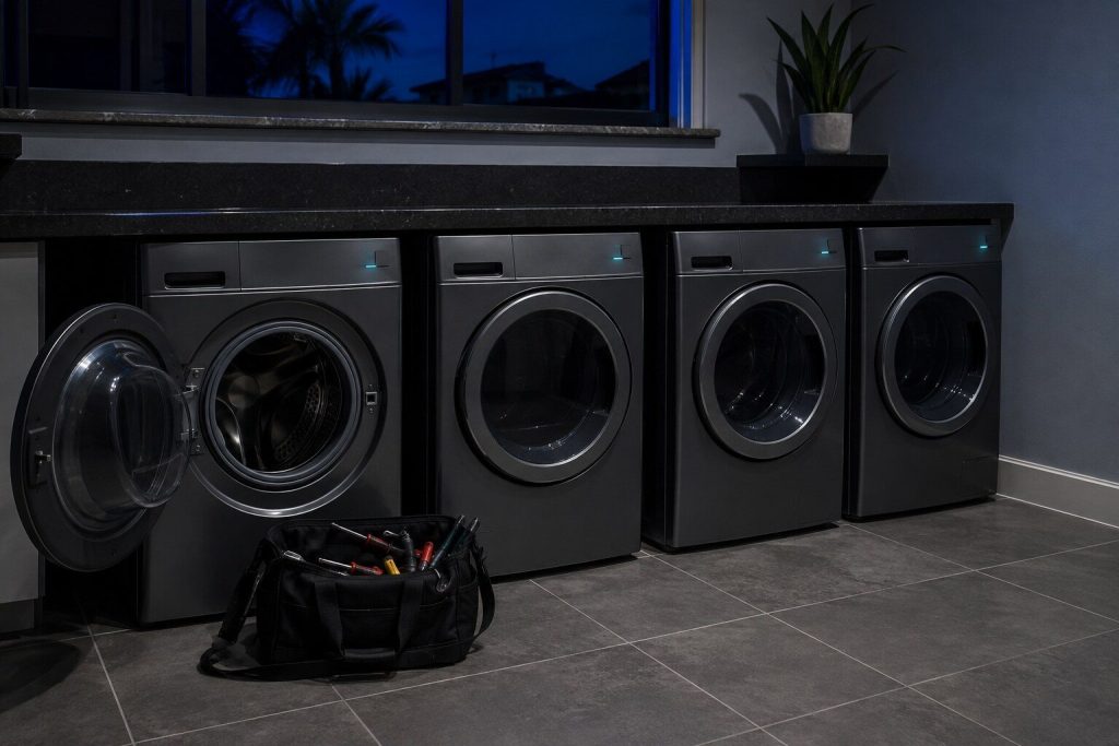 "A row of four identical front-loading machines along the wall of a shared condominium laundry room at night, one of them open with a tool bag on the floor" — this make's commercial line is laundry, which is the honest scope of the page