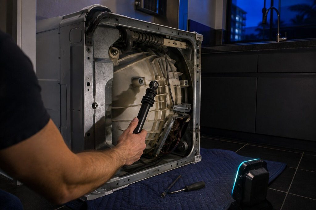 "A suspension damper unbolted from the outer tub of a washing machine and held clear of its bracket, the machine on its side on a blanket" — the balance half of the page, which is the half owners do not expect
