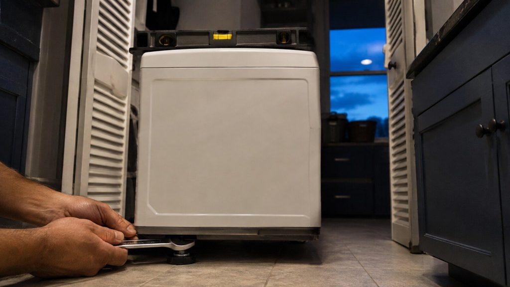 Two hands setting the front leveling foot of a white top-load washer with an open-ended wrench, a short spirit level lying across the lid with its bubble visible, the machine pushed out from a bifold laundry closet in an apartment.
