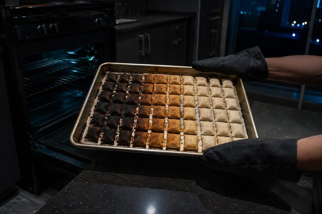 "One baking tray lifted out of an oven carrying rows that are burnt black at one end and still pale and raw at the other" — the dial says one thing and the baking says another