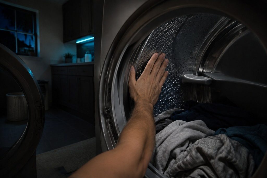 "A hand laid flat against the inside wall of a dryer drum at the end of a cycle, the laundry around it plainly cold, the door open on a dim laundry room"