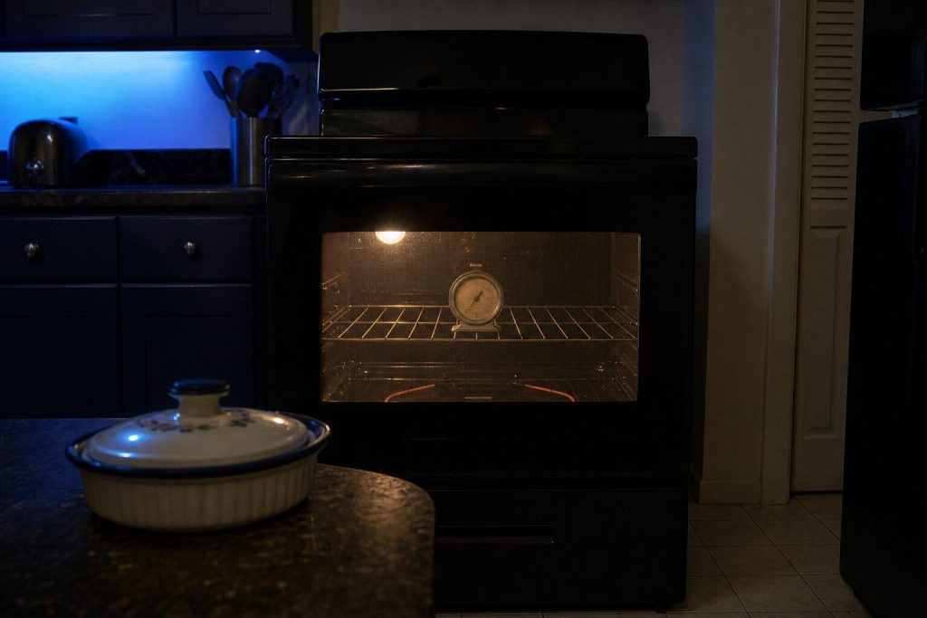A dial oven thermometer standing on the middle rack of a closed oven, seen square on through the door glass with the cavity lamp on and the bake element showing only a dull partial glow.