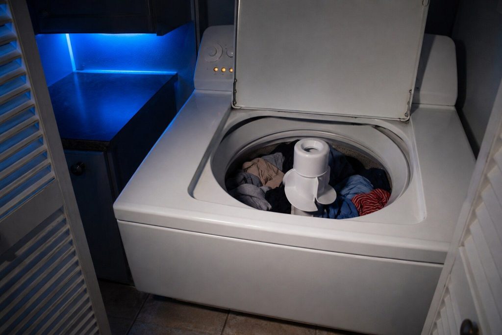 A white top-load washing machine with its lid raised on a load of laundry lying loose and completely dry around a tall finned CENTER AGITATOR POST, not a drop of water anywhere in the tub, the console lamps lit and the cycle plainly running.