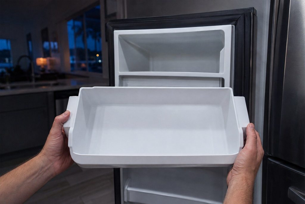 "A refrigerator ice bucket pulled out of the freezer door and held level, completely empty and dry inside, the dark kitchen behind it"