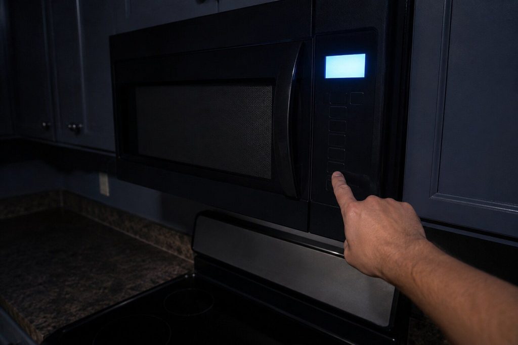 A finger pressing a key on the keypad column of an over-the-range microwave whose display is LIT — a soft blue-white glow with no characters readable in it — while nothing happens.