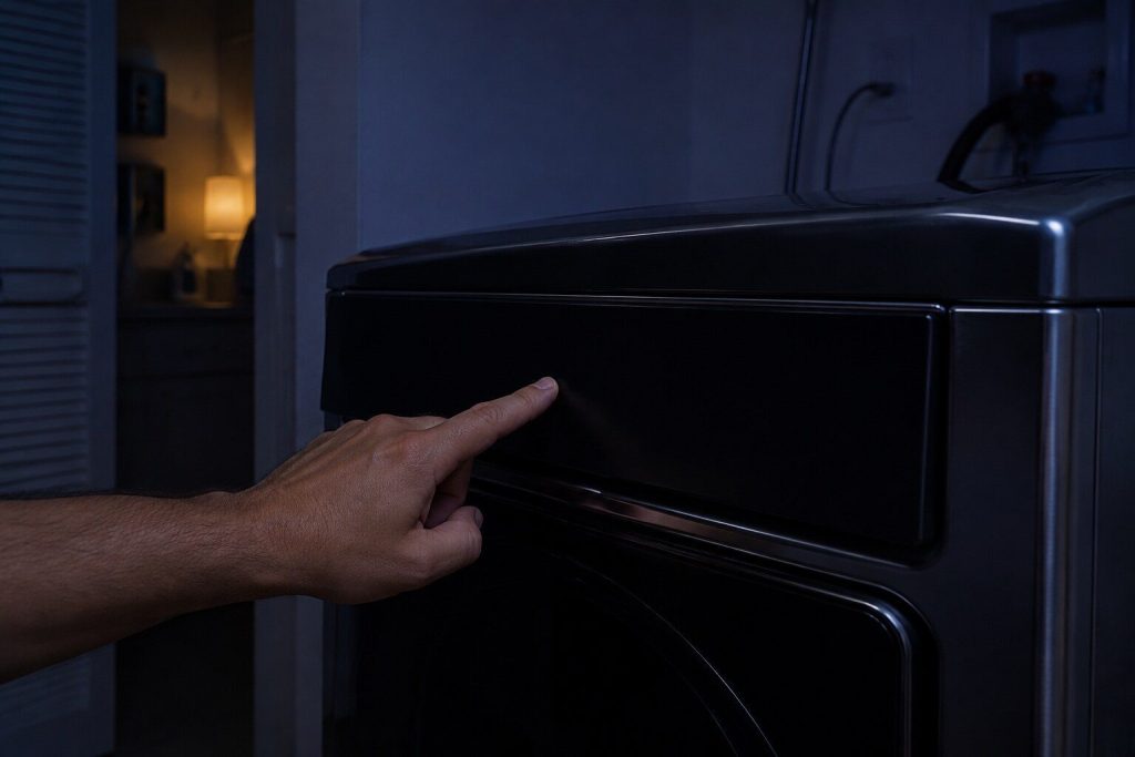 "A finger pressed against the dark fascia of a dryer with nothing lit under it anywhere, the laundry closet behind in deep blue shadow"