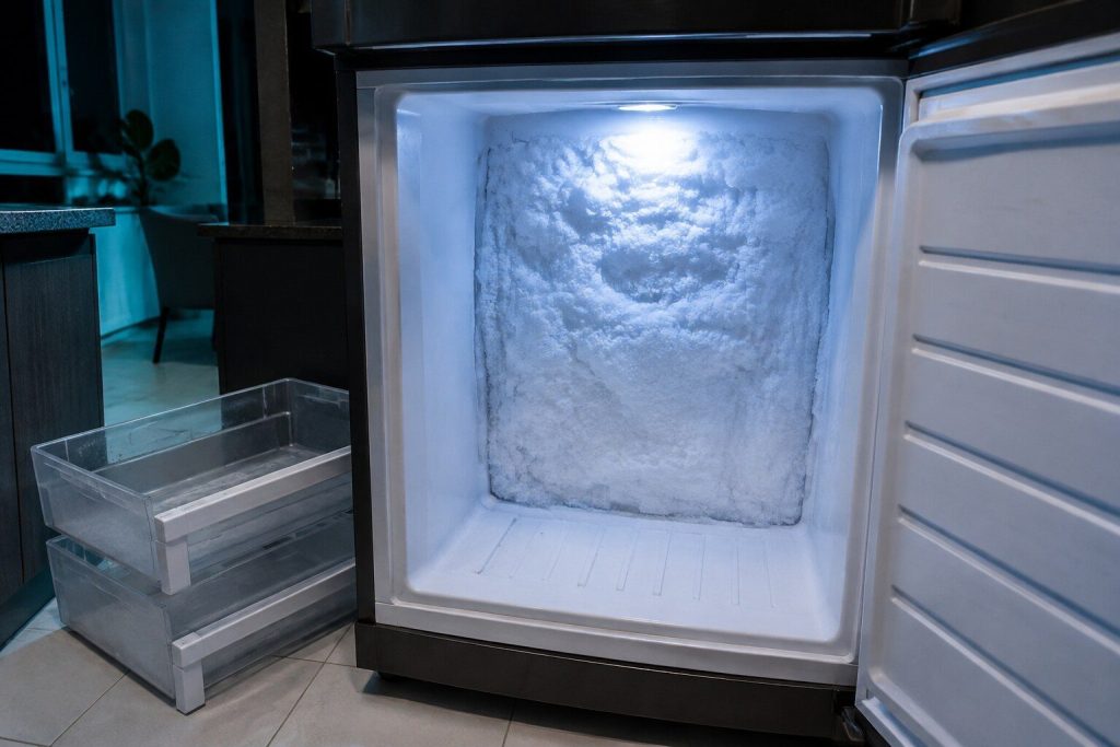 "A thick uneven sheet of white frost grown across the whole back wall of a freezer compartment, the vents behind it almost sealed over" — ice on the back wall, the first half of this page's caption