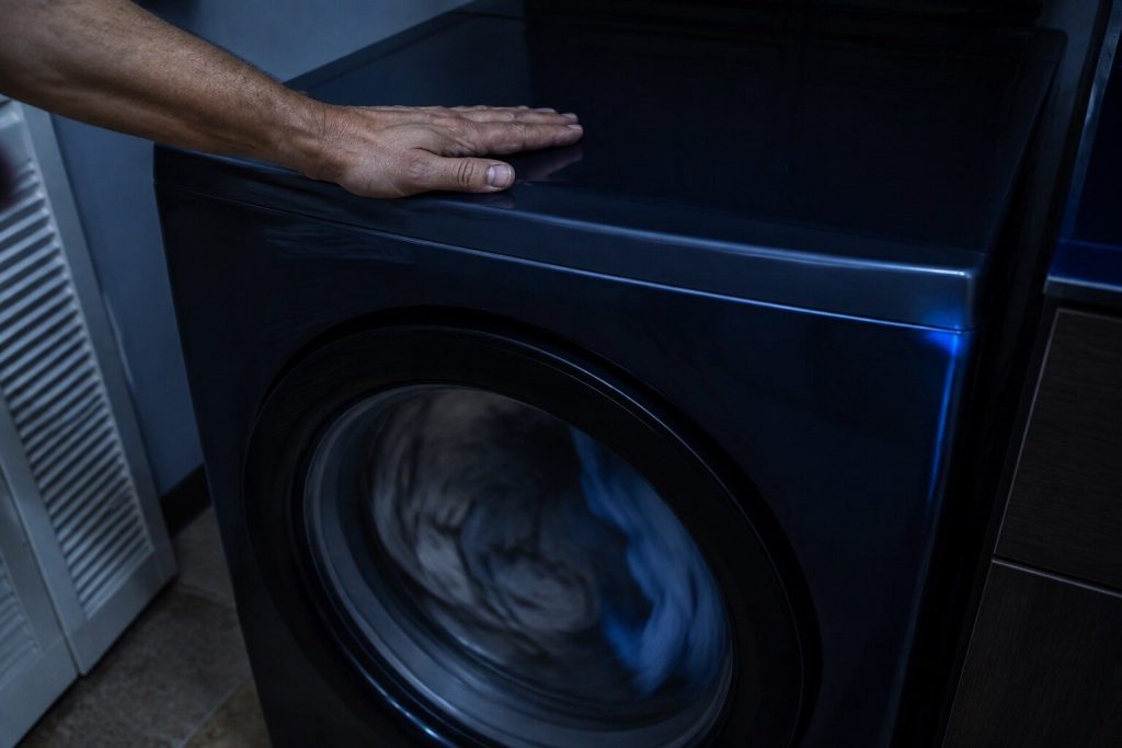 A hand laid flat on the top panel of a running dryer in a dim laundry closet, the load blurred behind the glass of the closed door below and the cabinet visibly shaking under the palm.