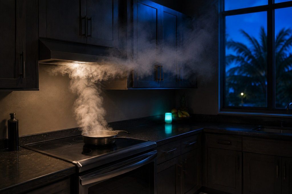 "Steam from a pan on a cooktop rolling out sideways from under a wall-mounted hood and up across the cabinet fronts instead of being drawn in"