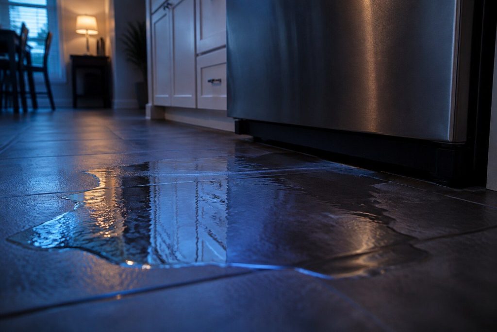 "A shallow sheet of water spreading across a dark tile floor from under the toe kick of a refrigerator, catching the blue light of a window" — the puddle that comes back, and the dark floor suits cobalt