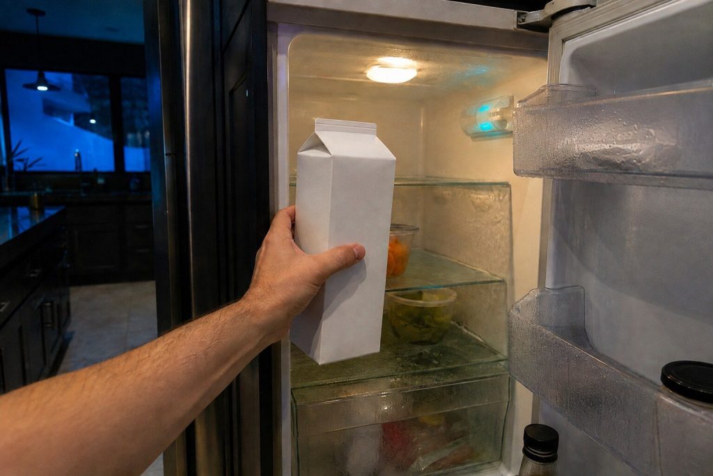 "A hand lifting a carton of milk out of a refrigerator whose interior lamp is on, condensation beading on the shelves and the door bins, everything inside looking wet rather than cold" — the lights are on and the food is warm, which is this page's caption