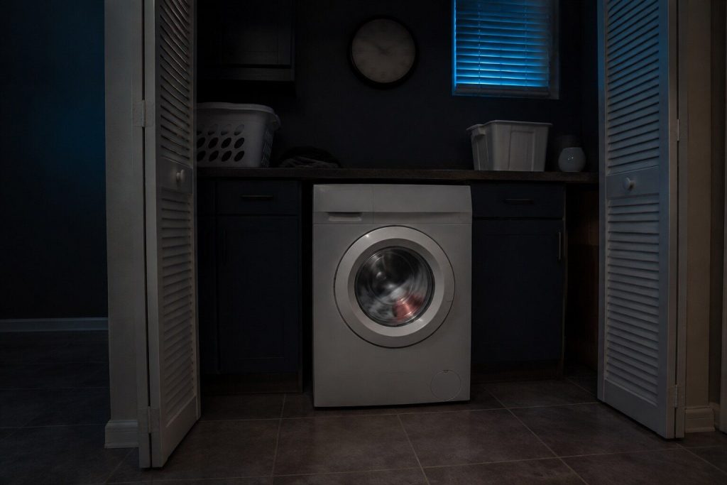 A front-loading washing machine still running late at night in a laundry closet behind open bifold doors, a small load turning slowly behind the glass door, the control panel a dim unreadable glow.