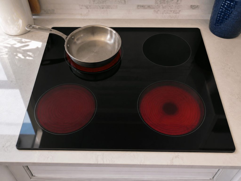 "A cooktop with three zones glowing red and the one under the pan dark and cold. Mean 21" — radiant zones glowing, which is an electric cooktop and not a gas one, and one zone cold while the rest work
