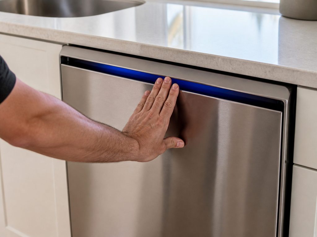 "A hand pressing the closed door of a stainless dishwasher at the latch, the plain unmarked control strip along the top edge of the door LIT but blank" — this page's caption is that the light comes on and nothing happens, and the lit-but-blank strip is that sentence. The frame is the top edge of a door, not a kitchen