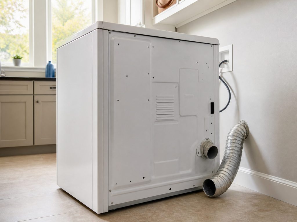 "The back of a white clothes dryer pulled out from a laundry room wall, the flexible metal vent duct disconnected and hanging, the rear panel plain and unmarked" — the rear panel is where the element, the thermostats and the thermal cutoff are all reached, which is the order this page works in. It also keeps the site's one breaker-panel frame on the guide that is about the breaker